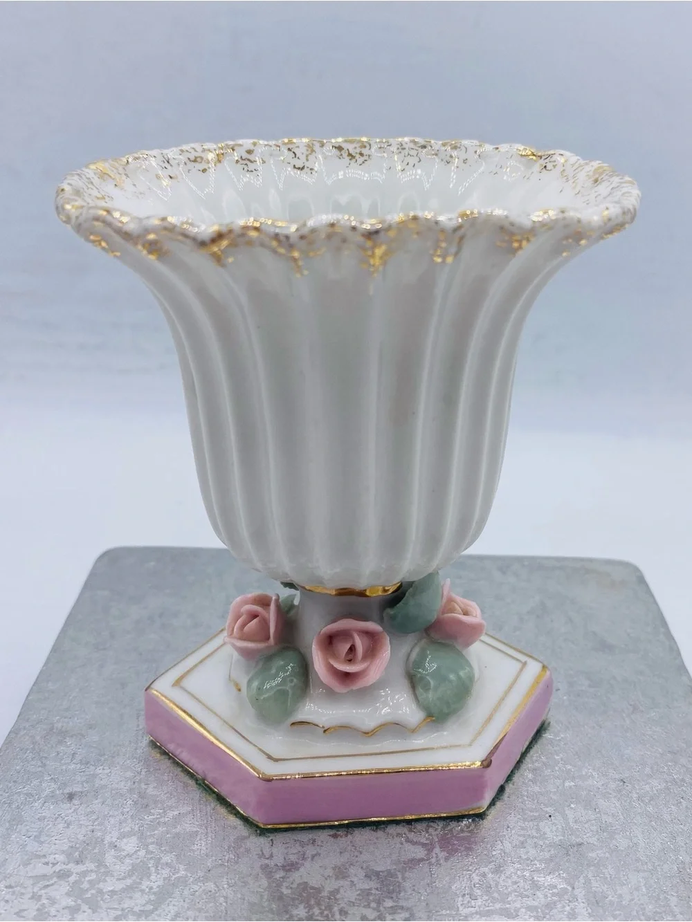 Vintage Bond Ware L&M Porcelain Fluted White Vase with Pink Roses Gold Trim
